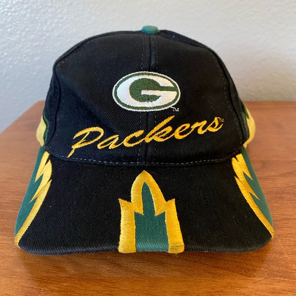 Vintage 90s Green Bay Packers Black Green & Gold Flames Cap Retro NFL